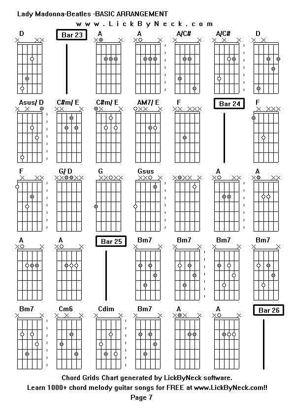 Chord Grids Chart of chord melody fingerstyle guitar song-Lady Madonna-Beatles -BASIC ARRANGEMENT,generated by LickByNeck software.